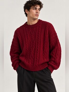 Chunky Burgundy Cable Knit Sweater – Men’s / Unisex – Approx. XL–XXL